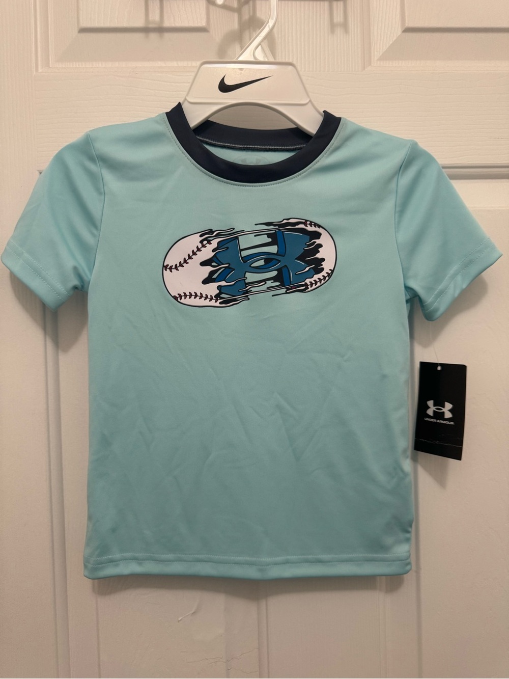 Under Armour Light Aqua Short Sleeve Tee with Navy Collar and Baseball Logo